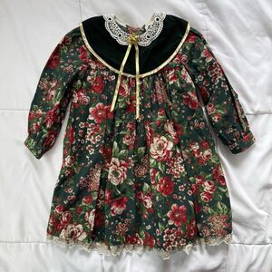 Vtg Jo Lene Christmas Dress Girl 4T Floral Holiday Velvet Collar Portrait Church